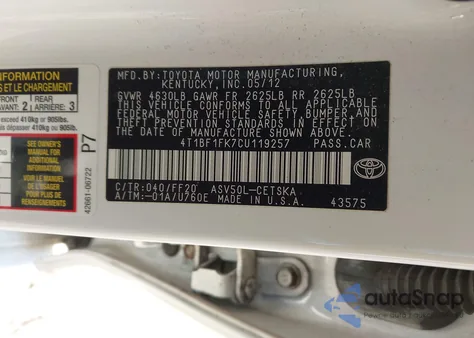 2012 Toyota Camry Se из США, поврежденный, VIN 4T1BF1FK7CU119257